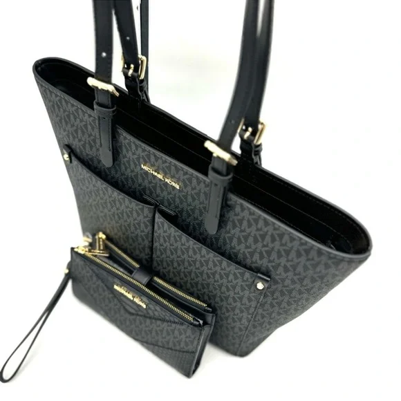 Michael Kors Jet Set Medium Pocket Tote Bag & Double Zip Wallet Black Multi